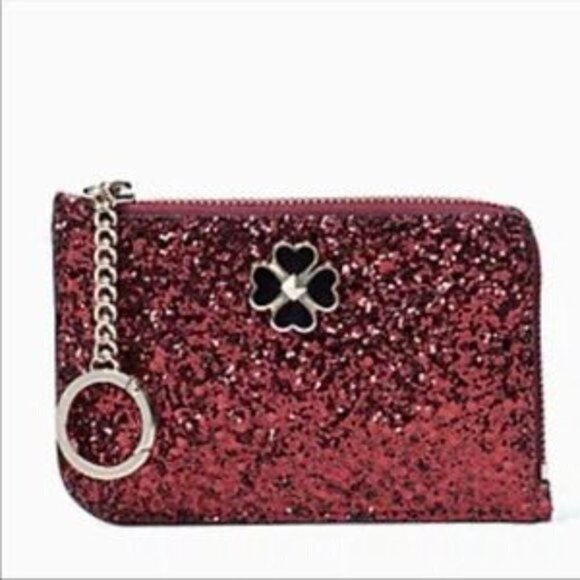 Kate Spade Odette Glitter L-Zip Card Holder Black Cherry Pink Keychain Wallet NW - Picture 4 of 5